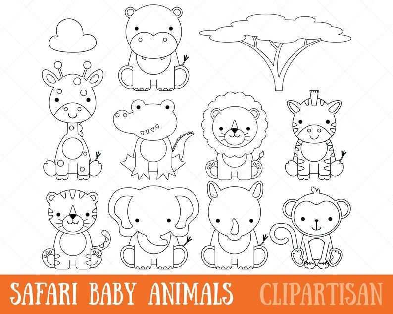 Safari Baby Animals Clipart Digital Stamps Coloring Page Dieren Kleurplaten Digitale