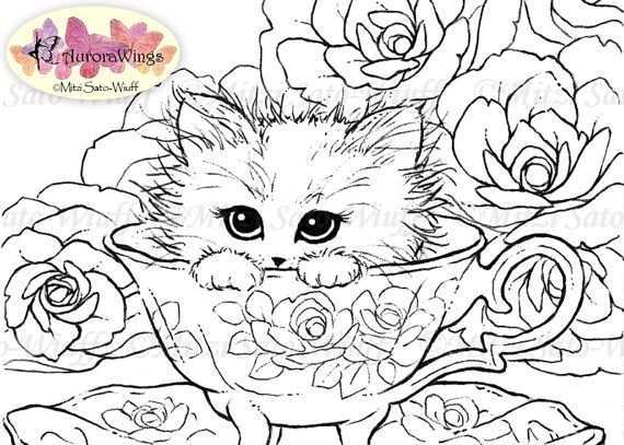Instant Download Digital Stamp Kitten In A Teacup By Aurorawings 2 50 Cat And Dog Tat