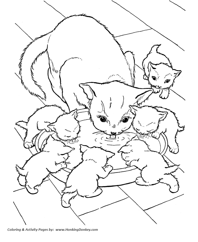 Cat Coloring Pages Printable Cat And Kittens Drinking Milk Coloring Page Farm Animal