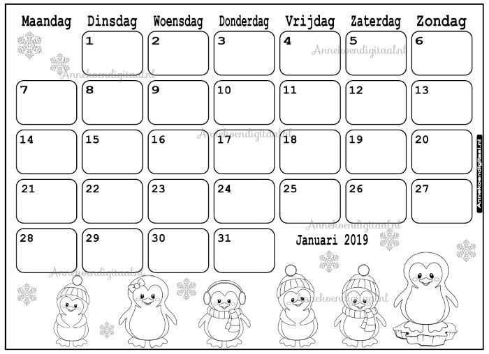 Januari 2019 Kalender Thema Kleurplaat Kalender Aftelkalender Kleurplaten