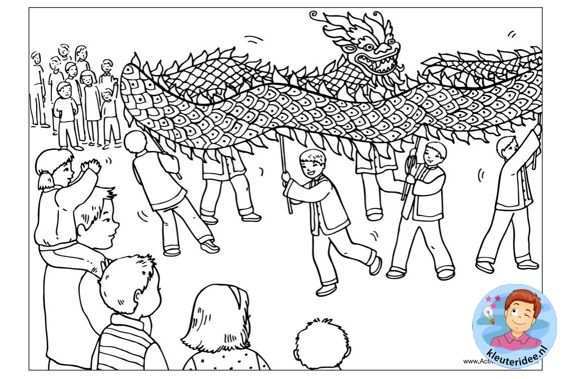 Kleurplaat Chinese Nieuwjaars Drakendans Colorpage Chinese New Year Dragon Dance Kleu