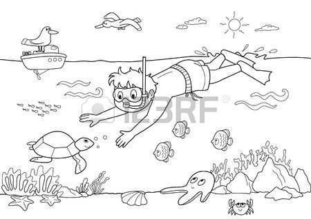 Kleurplaat Voor Kinderen Kind Duiken Onder Water Met Vissen Kleurplaten Voor Kinderen Illustratie Voor Kinderen
