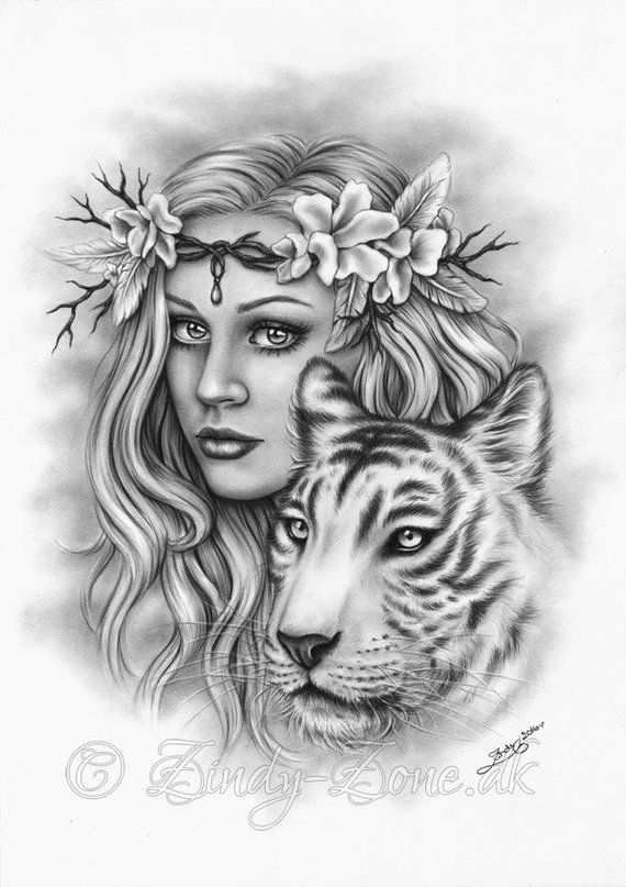 Beautiful Strength Cherry Blossom Flower White Tiger Girl Etsy Tiger Girl Art Drawing
