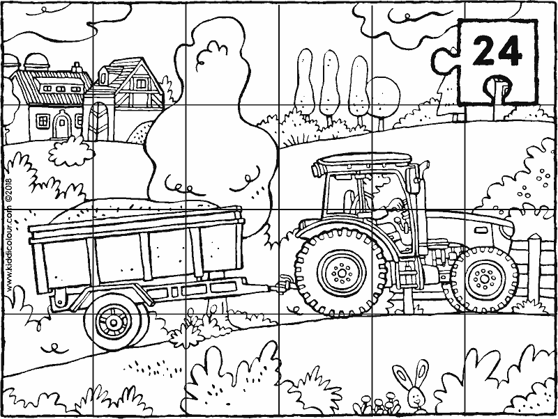 Tractor Met Kar Puzzel 24 Stukken Kleurplaat Kleurprent Tekening 01k Kleurplaten Voor