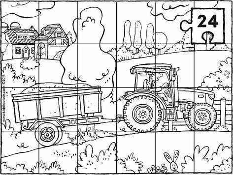 Tractor Met Kar Puzzel 24 Stukken Kleurplaat Kleurprent Tekening 01k Kleurplaten Voor