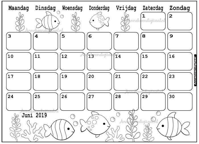 Juni 2019 Kalender Thema Kleurplaat Kleurplaat Kalender Annekoendigitaal Afdrukbare A