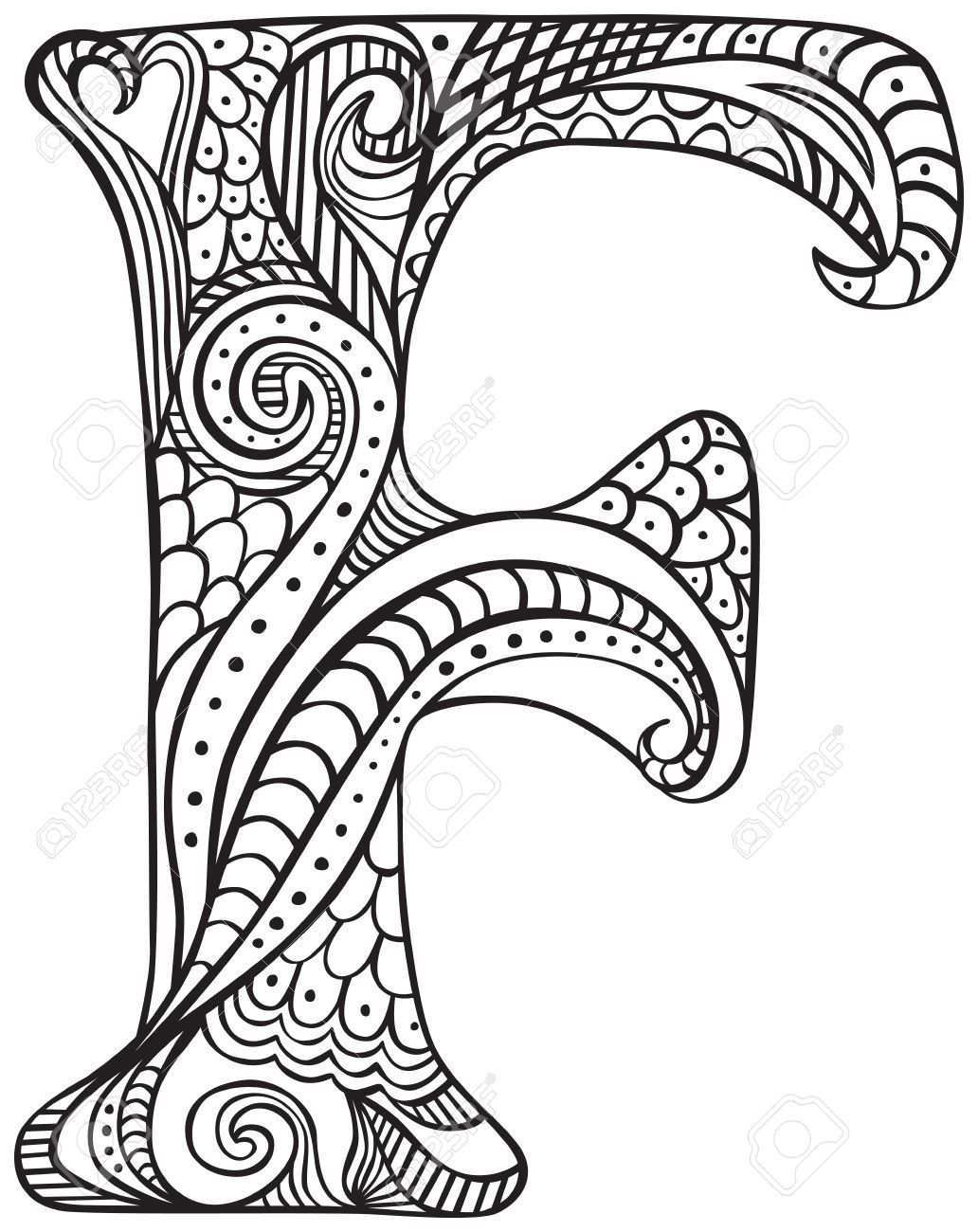 Hand Drawn Capital Letter F In Black Coloring Sheet For Adults Stock Vector 55502921
