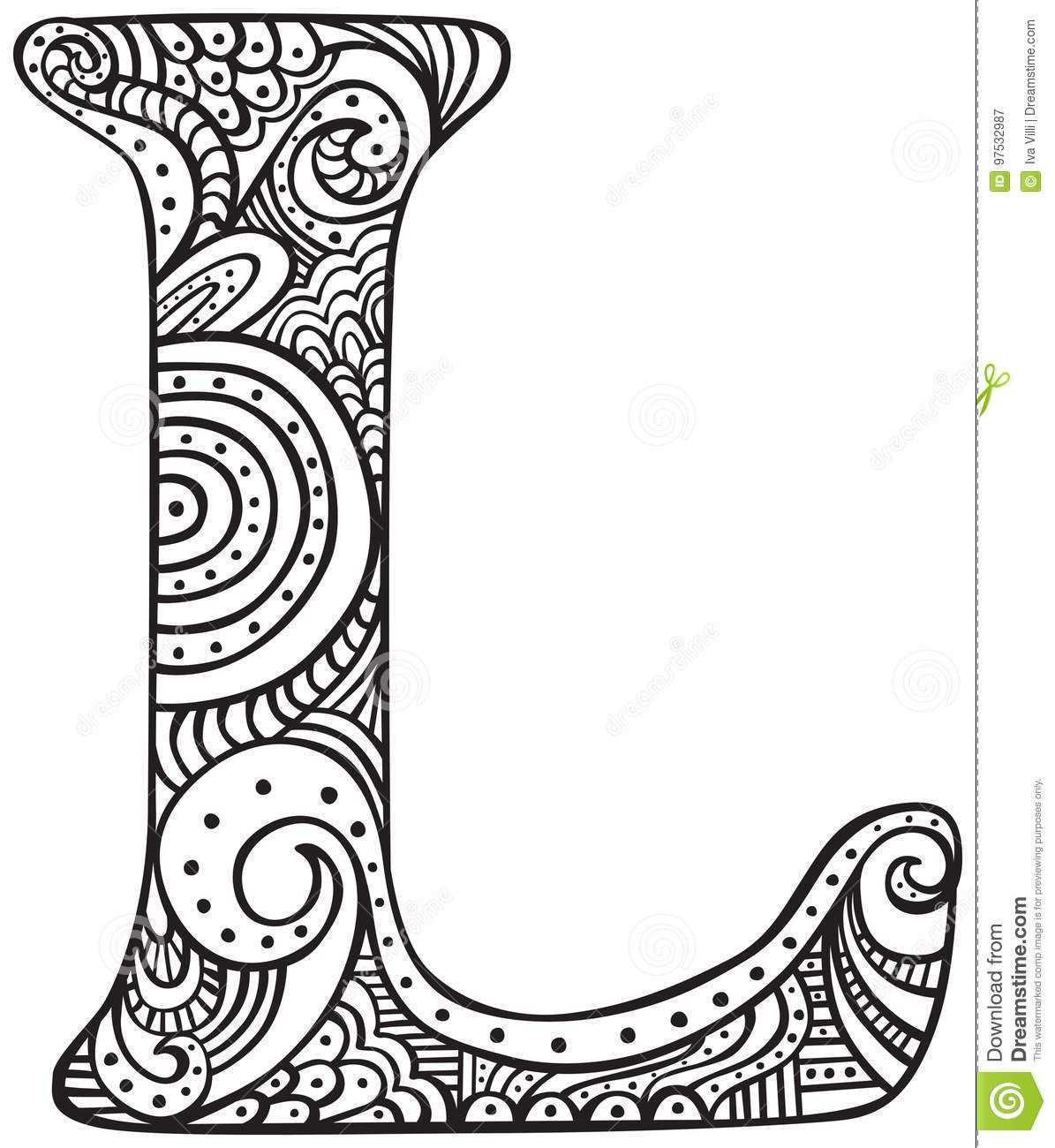 Illustration About Hand Drawn Capital Letter L In Black Coloring Sheet For Adults Ill