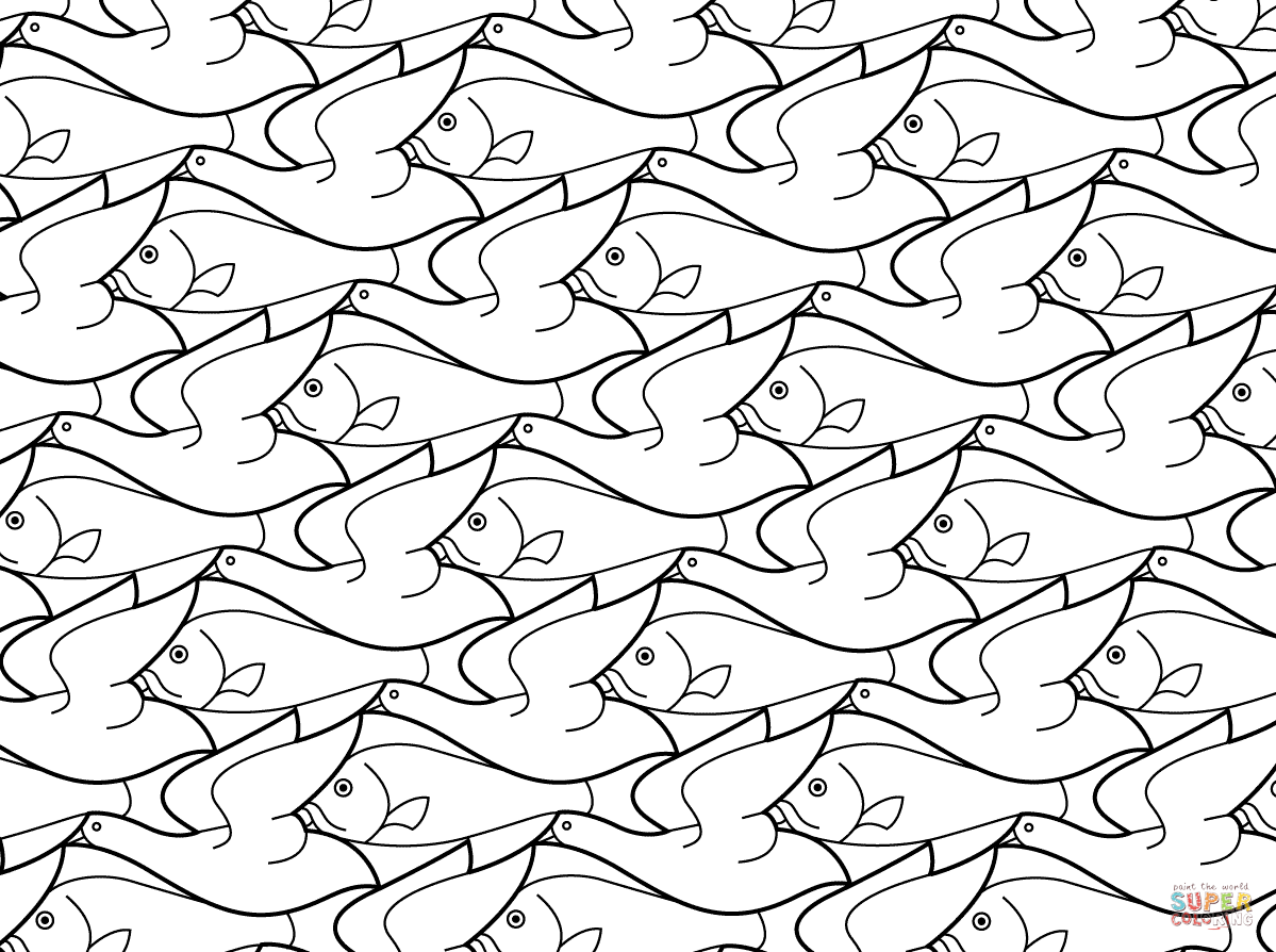 Bird Fish Tessellation By M C Escher Coloring Page Free Tessellation Art Escher Tesse