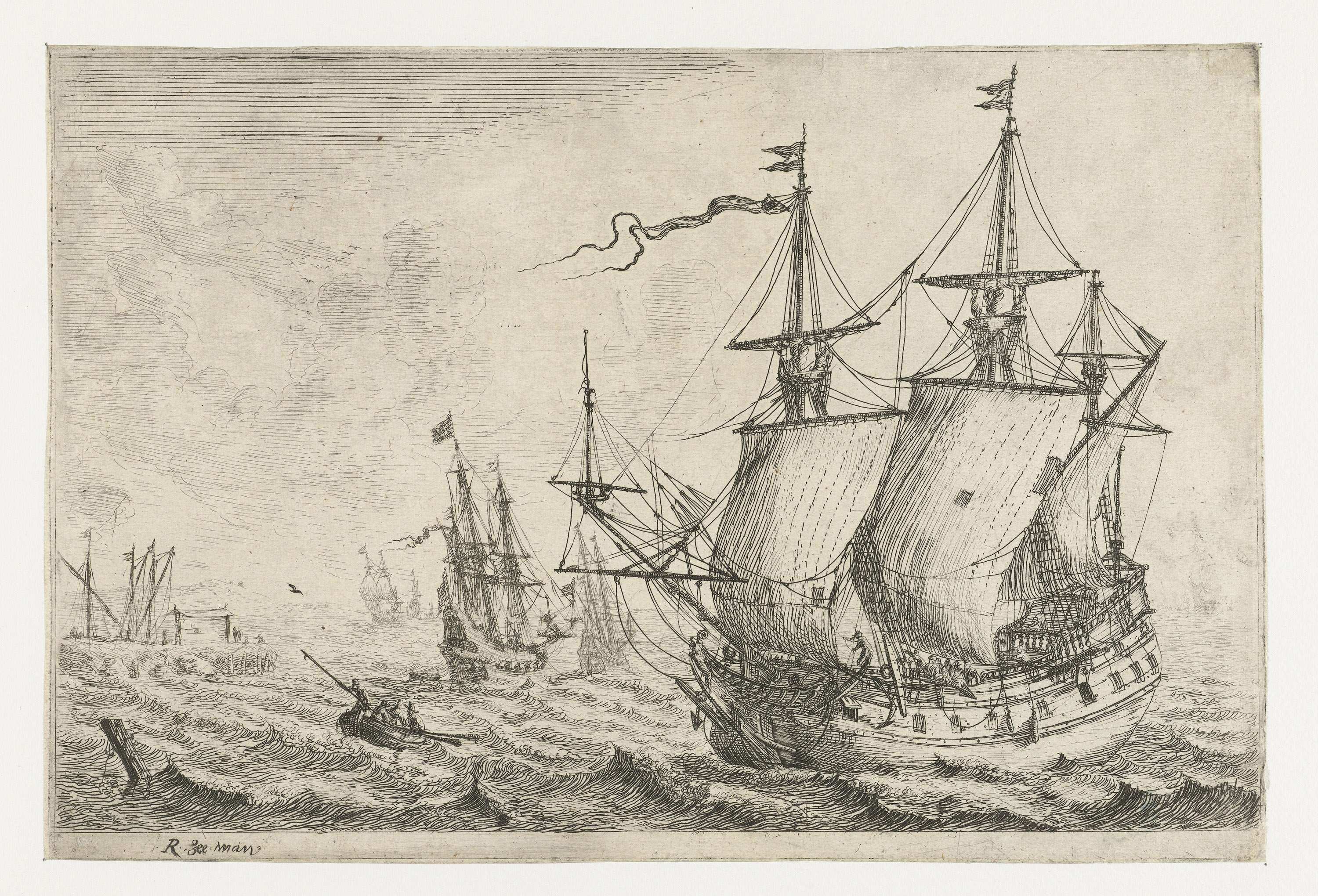 Zeegezicht Met Verschillende Schepen Bij Een Werf Reinier Nooms 1656 1659 Schepen Zeilboot Zeilschepen