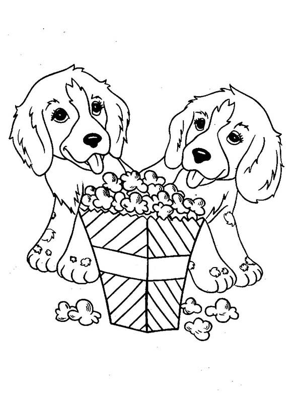 Two Little Dog Eating Popcorn Coloring Page Color Luna Kleurboek Dieren Kleurplaten K