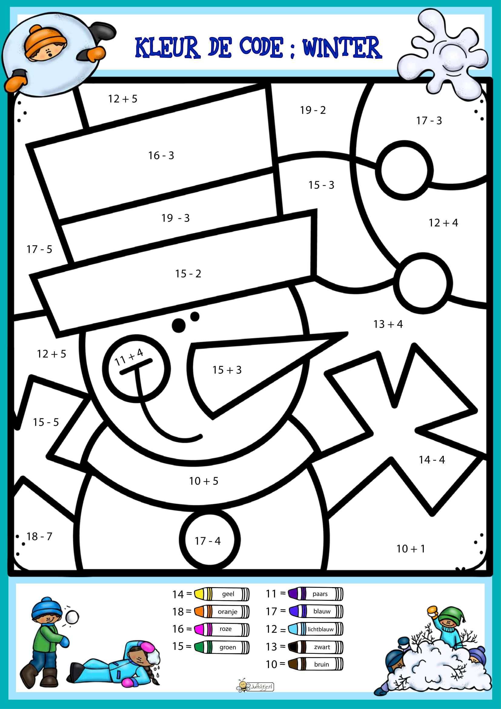 Kleur De Code Thema Winterpret Rekenen Groep 3 Sommen Tm 20 Winterpret Kleuren Thema