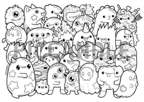 Monsters Doodle Coloring Page Printable Cute Kawaii Coloring Page For Kids And Adults