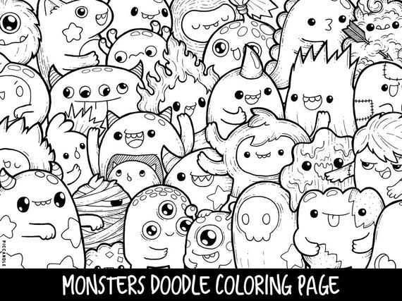 Monsters Doodle Coloring Page Printable Cute Kawaii Coloring Page For Kids And Adults