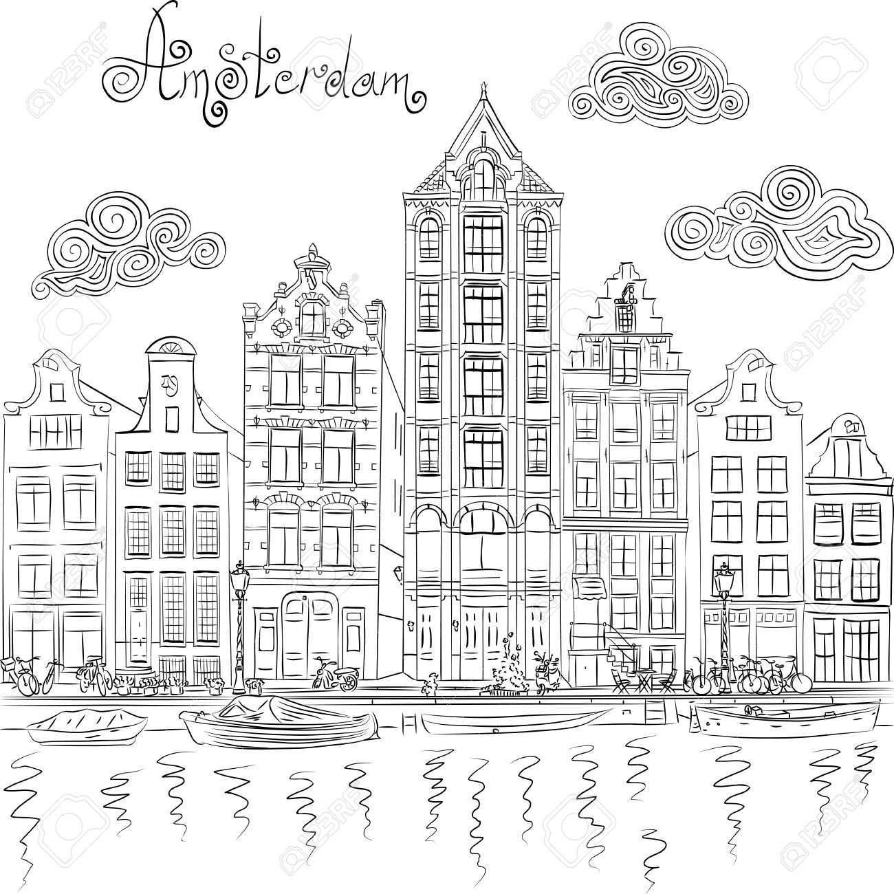 Zwart En Wit Hand Tekening Uitzicht Op De Stad Van De Amsterdamse Gracht En Typische