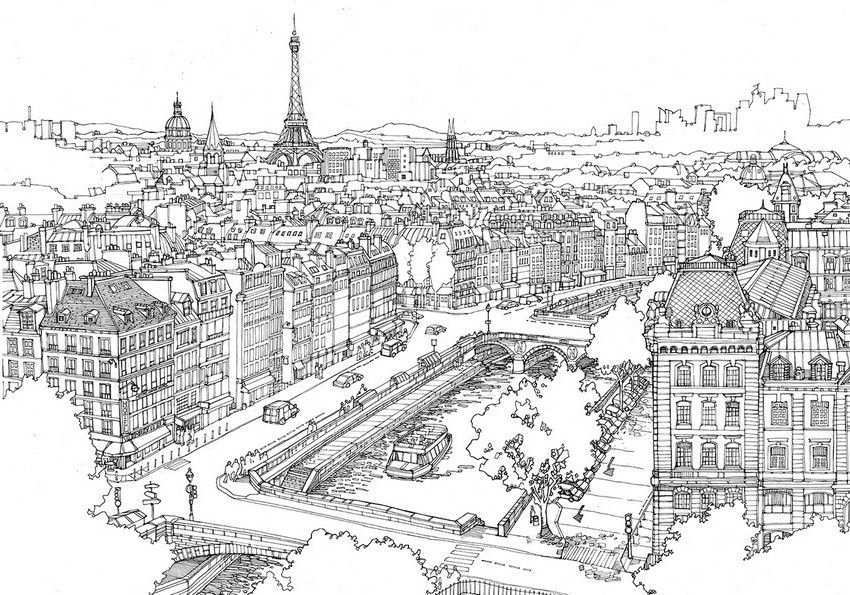 Pin Van Nova Sarpla Op Coloring Pages For Adults 2 Stad Illustratie Parijs Tekening Parijs Illustratie