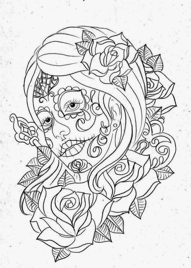 Girl Face Day Of The Dead With Roses Tattoo Stencil 10 Click For Met Afbeeldingen Kle