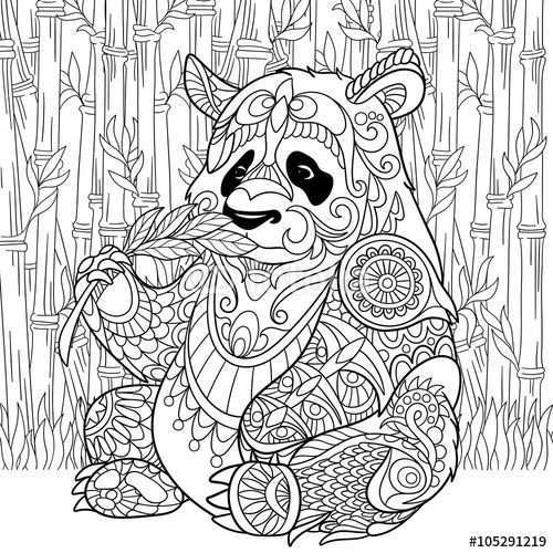 Zentangle Panda Sitting Among Bamboo Stems For Adult Antistress Coloring Page Con Ima