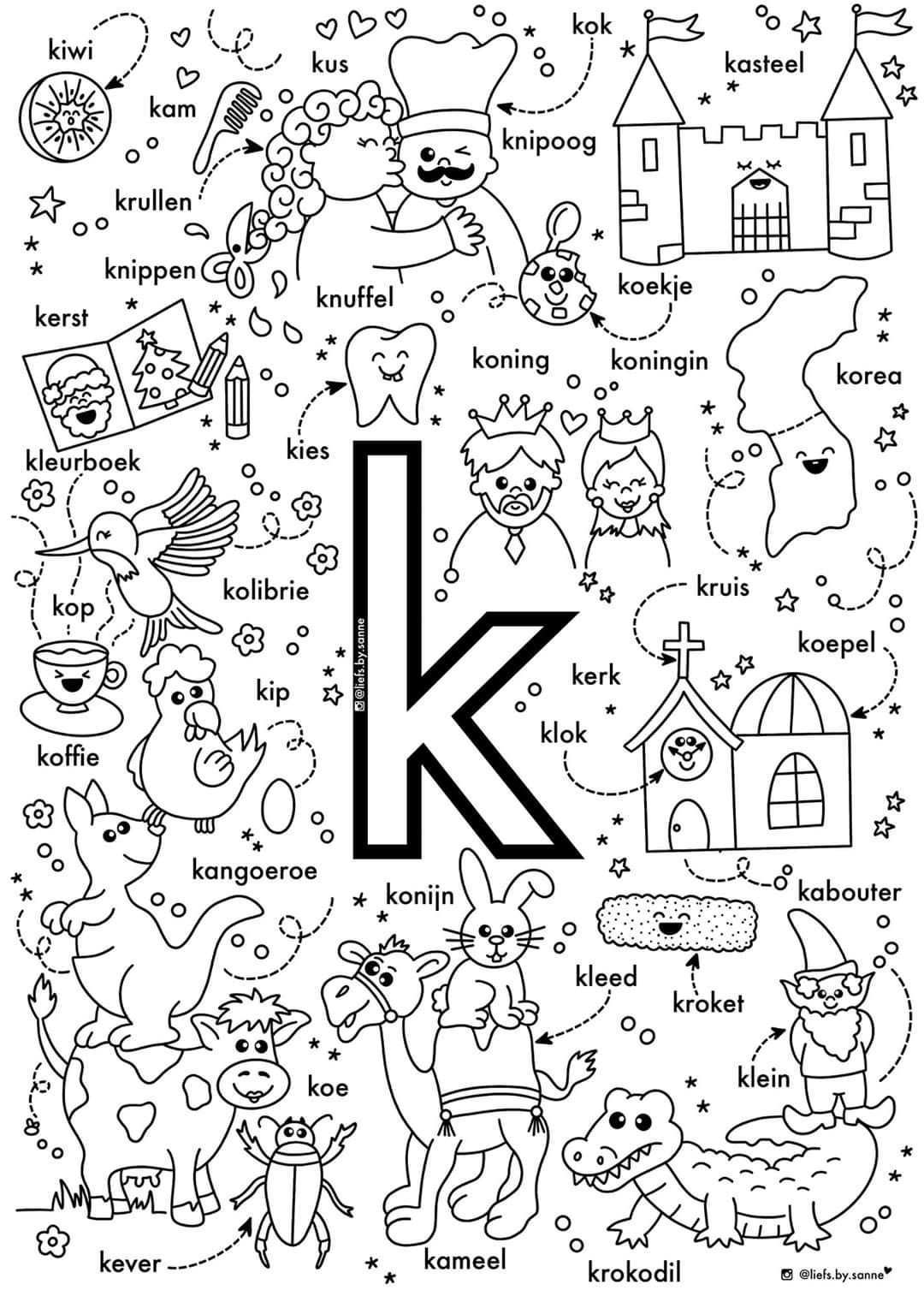 K Woorden Kleurplaat In 2020 Letterherkenning Spelletjes Letterherkenning Alfabet Boe