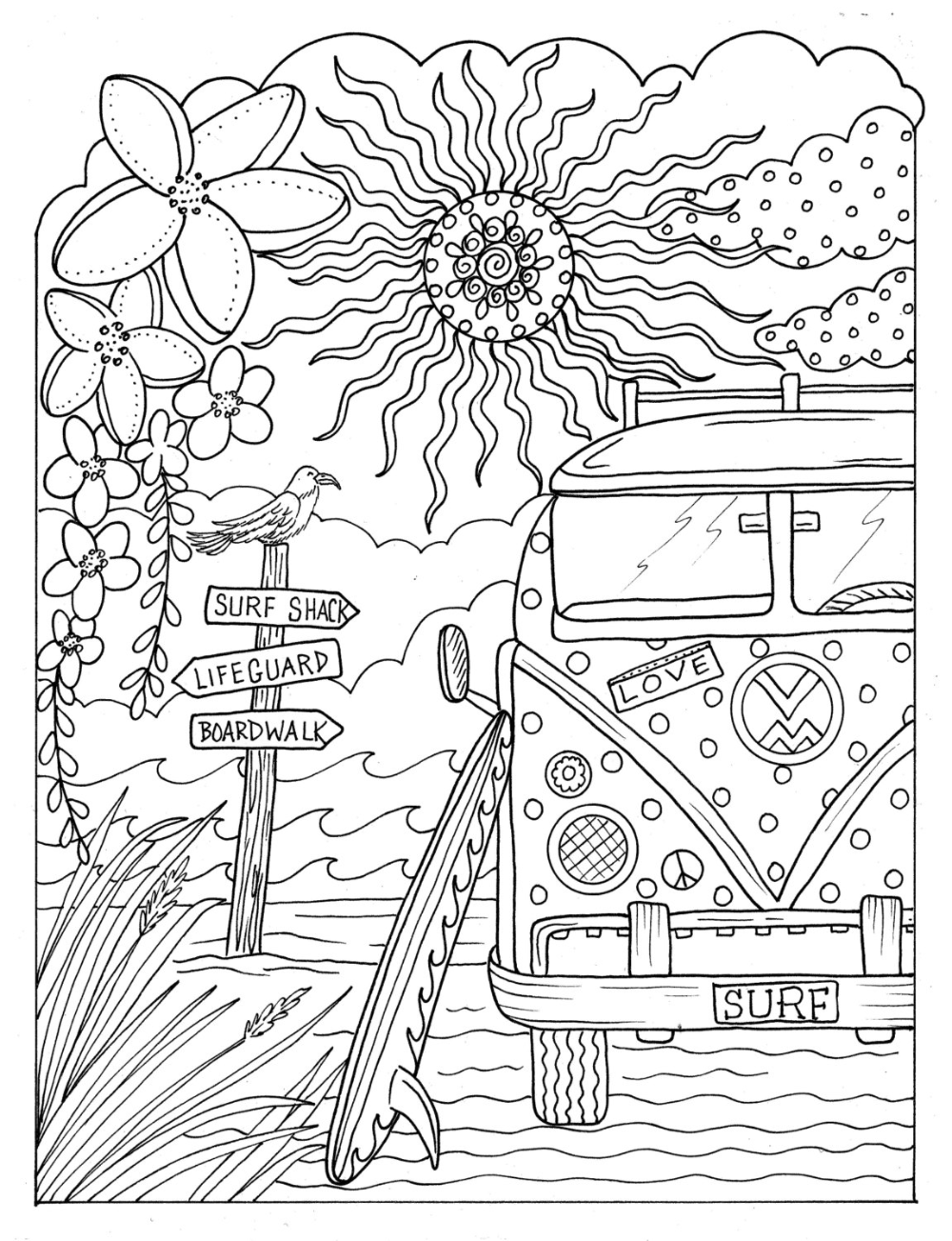 5 Pages Beachy Escape Coloring Digital Color Pages Shells Ocean Surf Tiki Dolpjins Pa