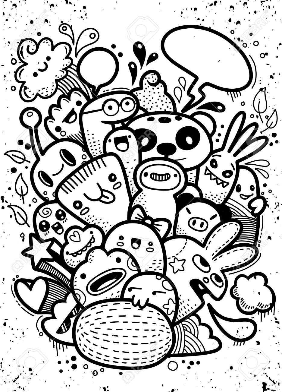 Hipster Hand Drawn Crazy Doodle Monster Group Drawing Style Vector Illustration Illus